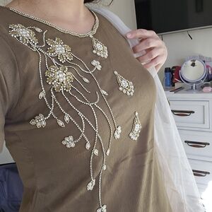 Embellished Brown Dress with White Accents